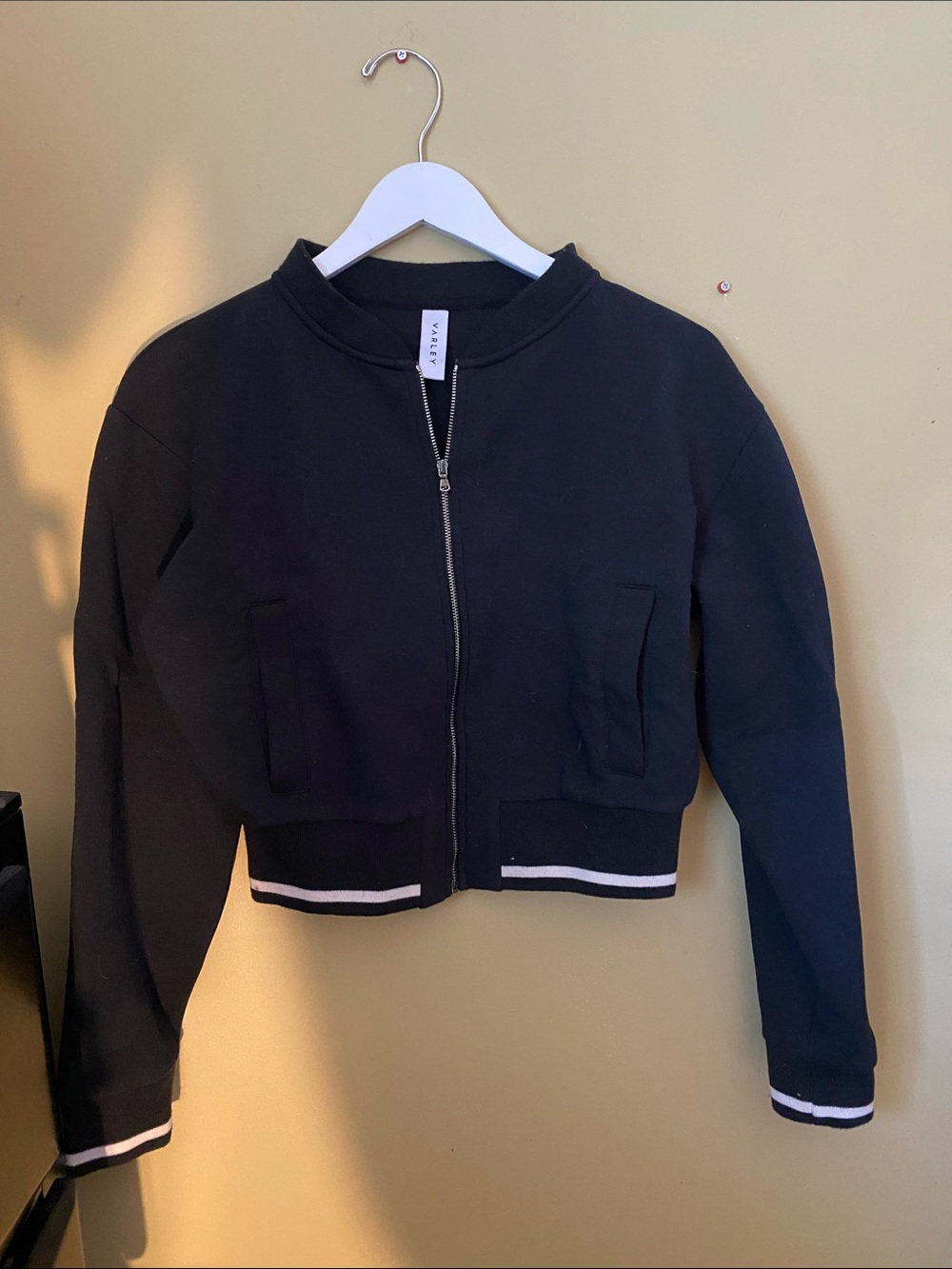 Varley x Pure Barre Team Black Cropped Bomber Jacket with White Stripe Trim, XS